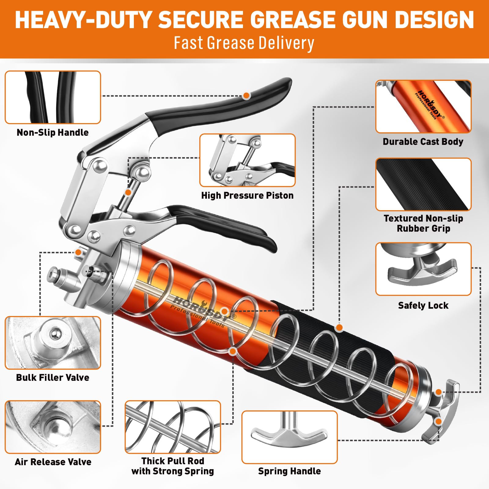 HORUSDY 18" spring flex hose closeup reaches tight bends and hidden grease fittings