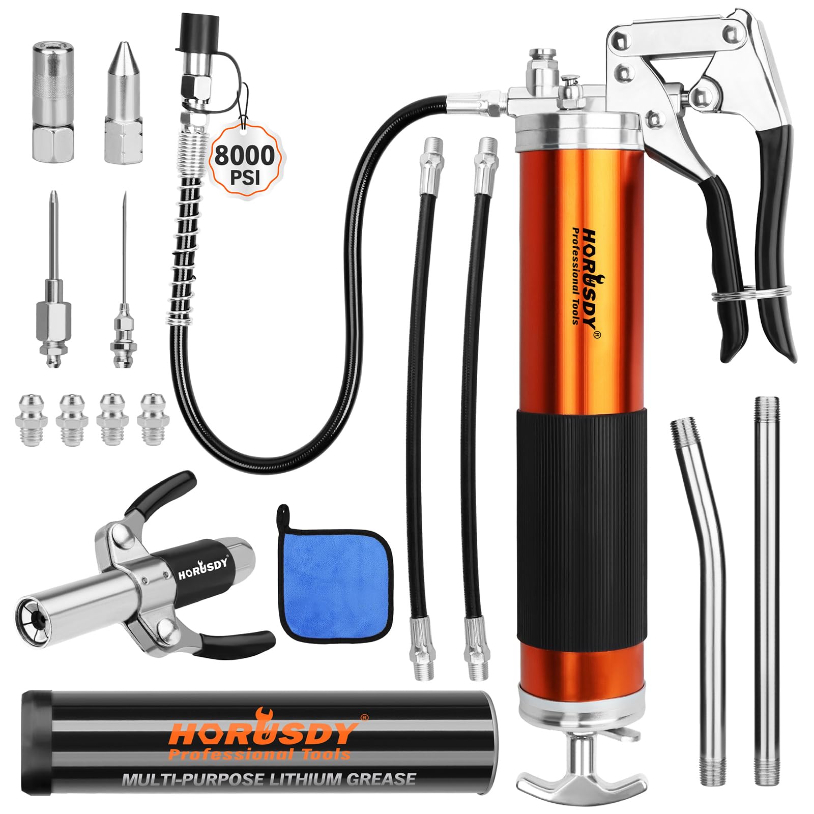 HORUSDY front view of full grease gun kit showing accessories and case benefit: ready setup