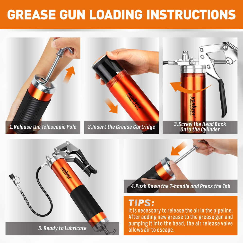 HORUSDY grease gun in use on tractor U-joint shows practical farm maintenance benefit