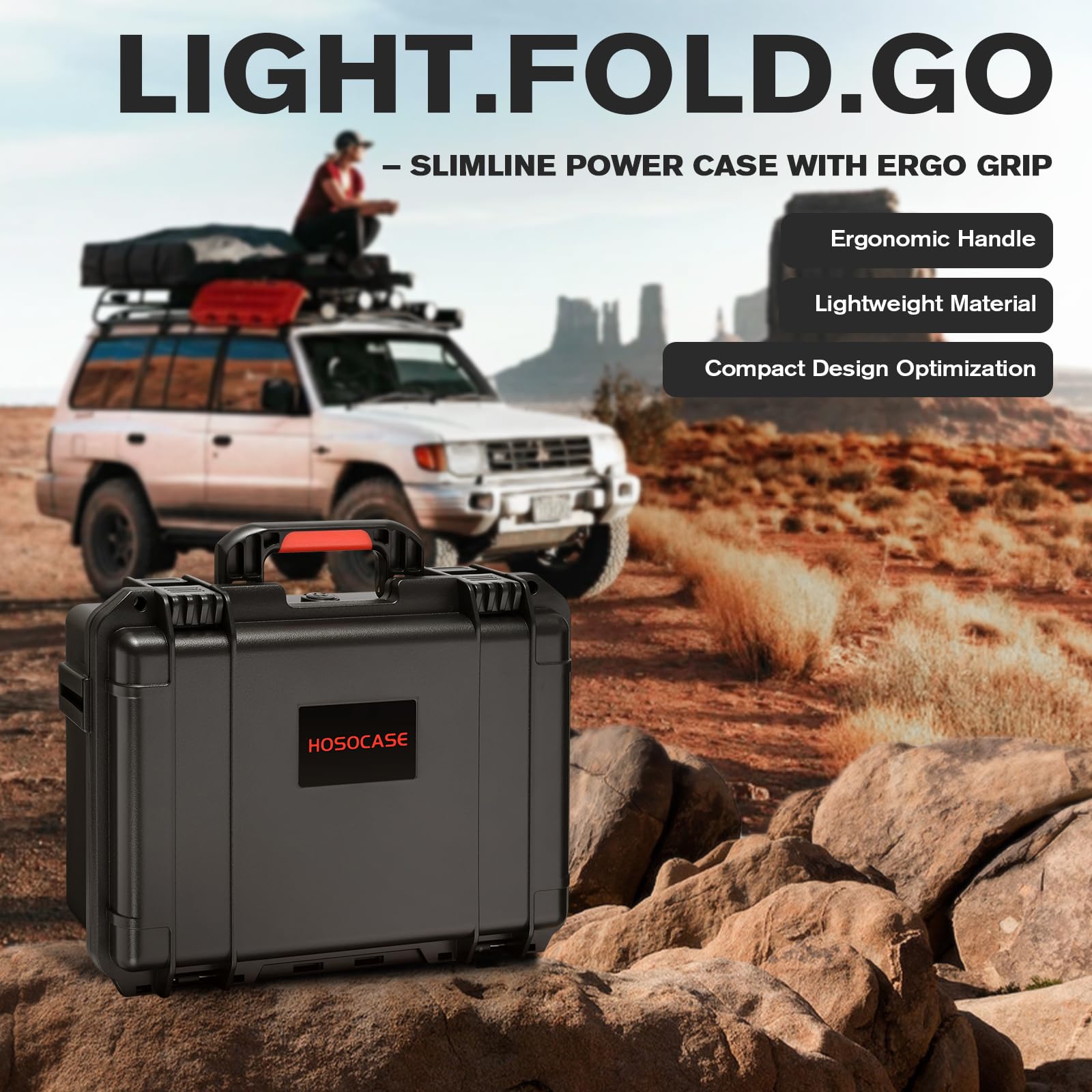 HOSOCASE beside hand showing compact size and easy portability