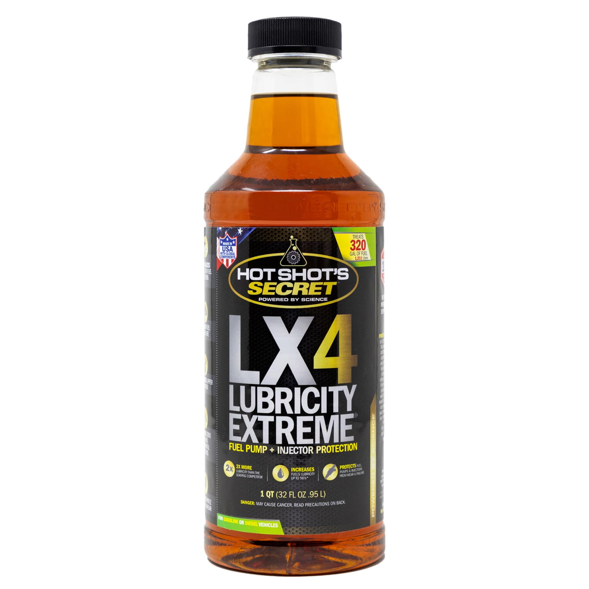 Hot Shot's Secret LX4 front label showing product and benefits for fuel protection