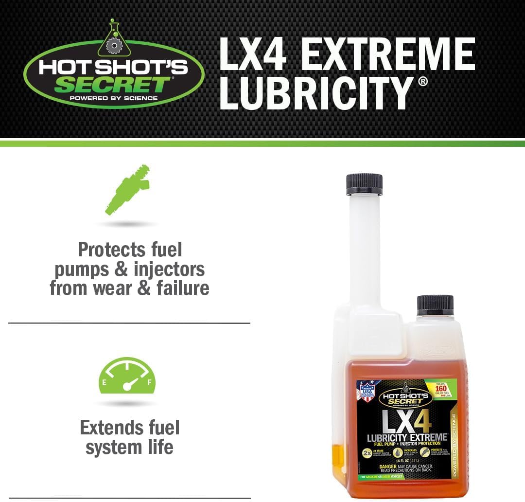 Hot Shot's Secret LX4 pouring into fuel tank demonstrating fast application and improved lubricity