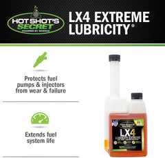 Hot Shot's Secret LX4 pouring into fuel tank demonstrating fast application and improved lubricity
