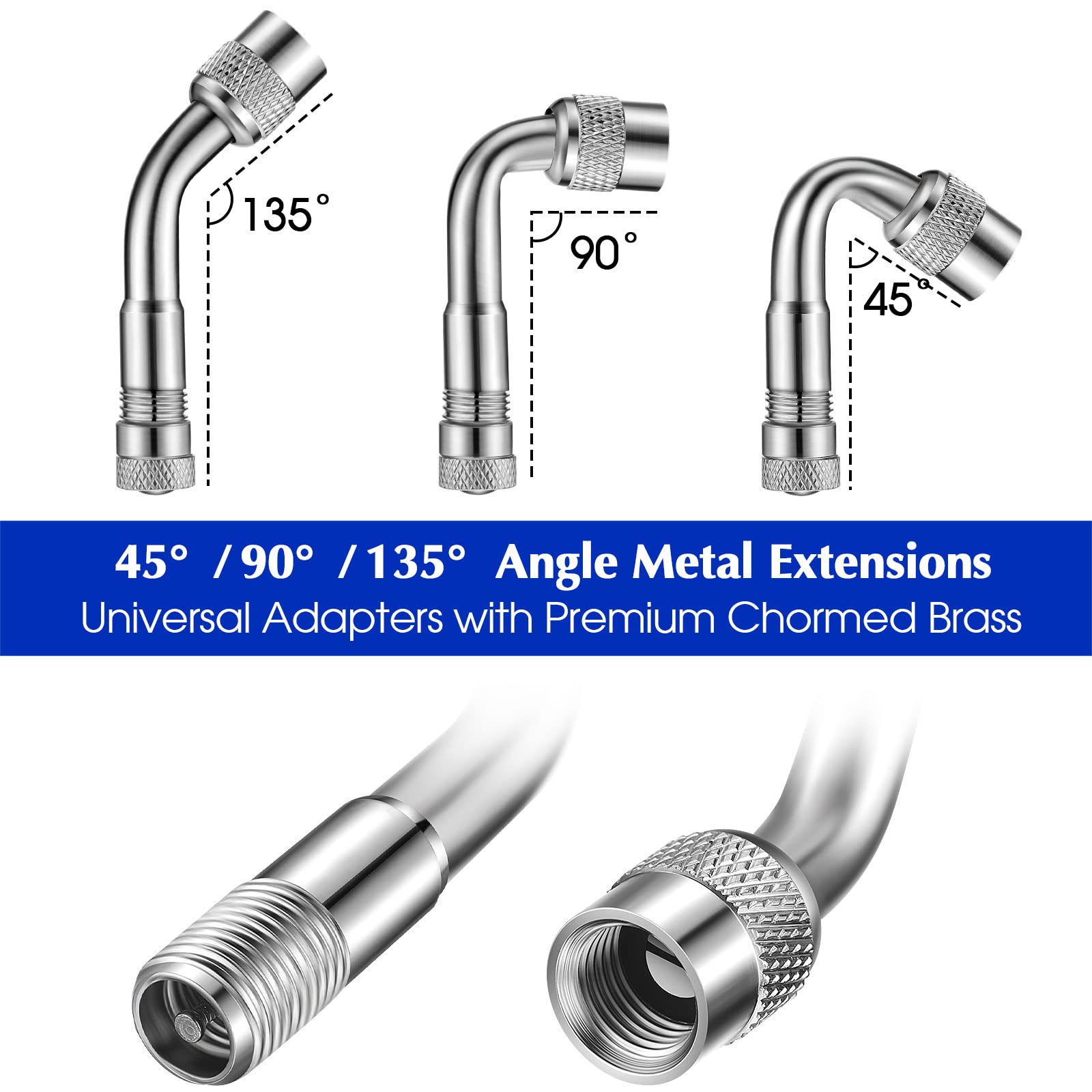 Assorted Hotop brass 45 90 135 degree adapters displayed for angle selection