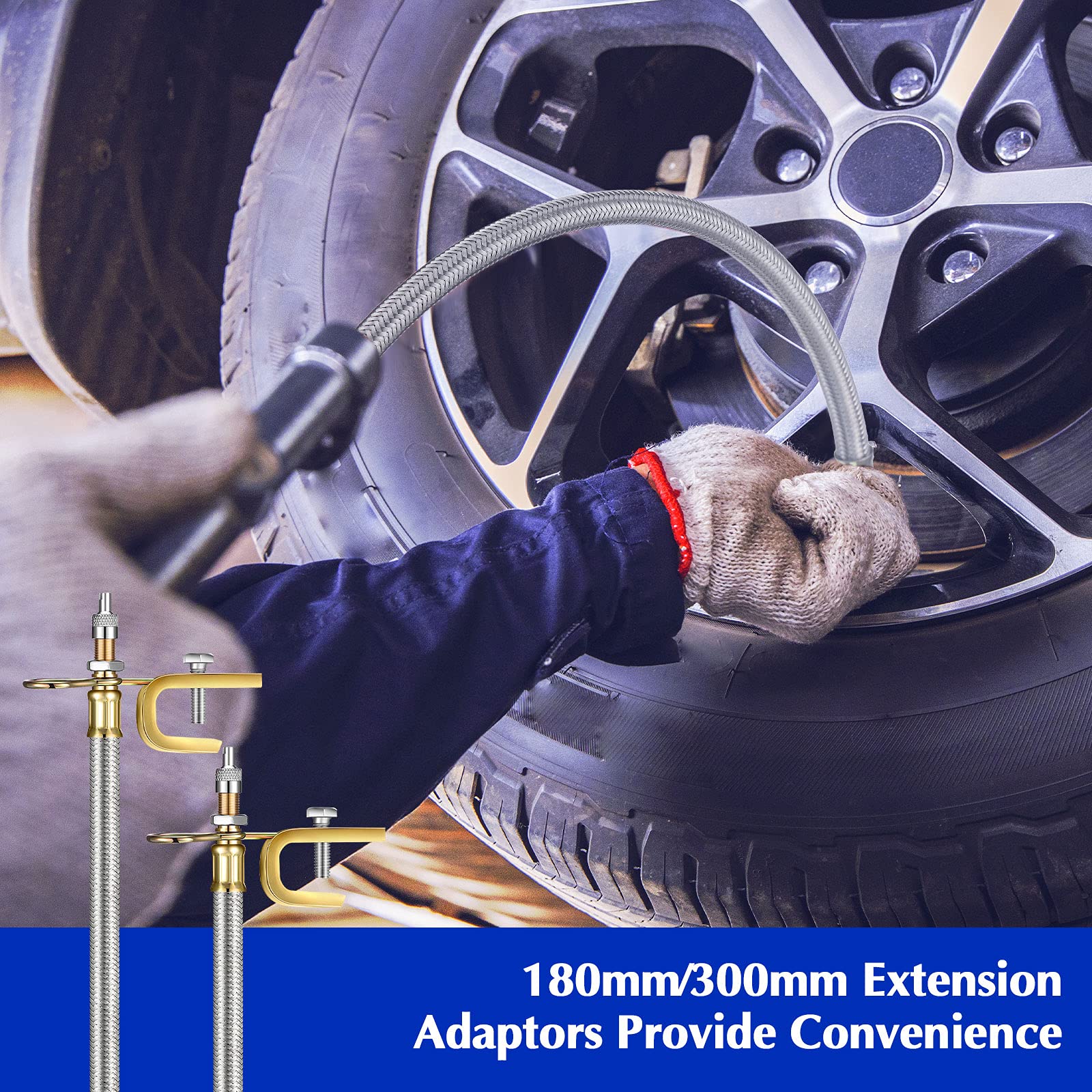 Hotop extender attached to tire valve while inflating, simplifies pump connection
