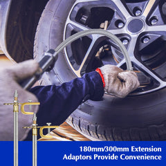 Hotop extender attached to tire valve while inflating, simplifies pump connection