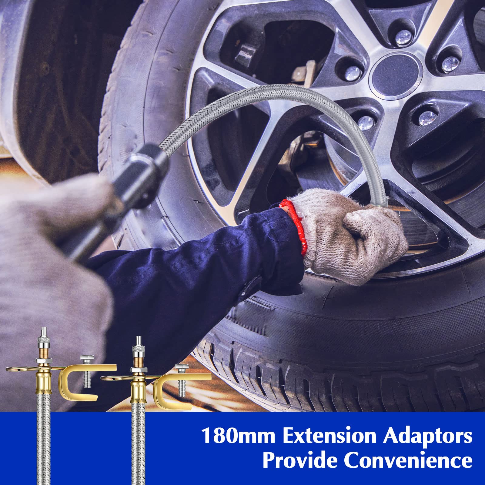 Hotop valve extenders stored in vehicle trunk for convenient roadside use