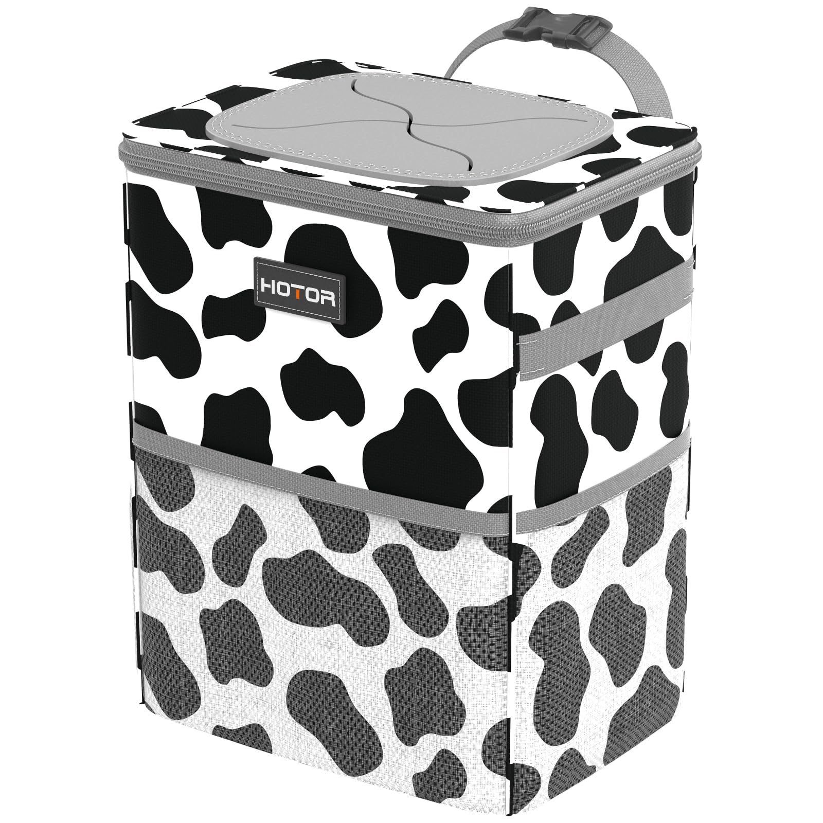 HOTOR cow-pattern car trash can front view showing compact organized placement benefit