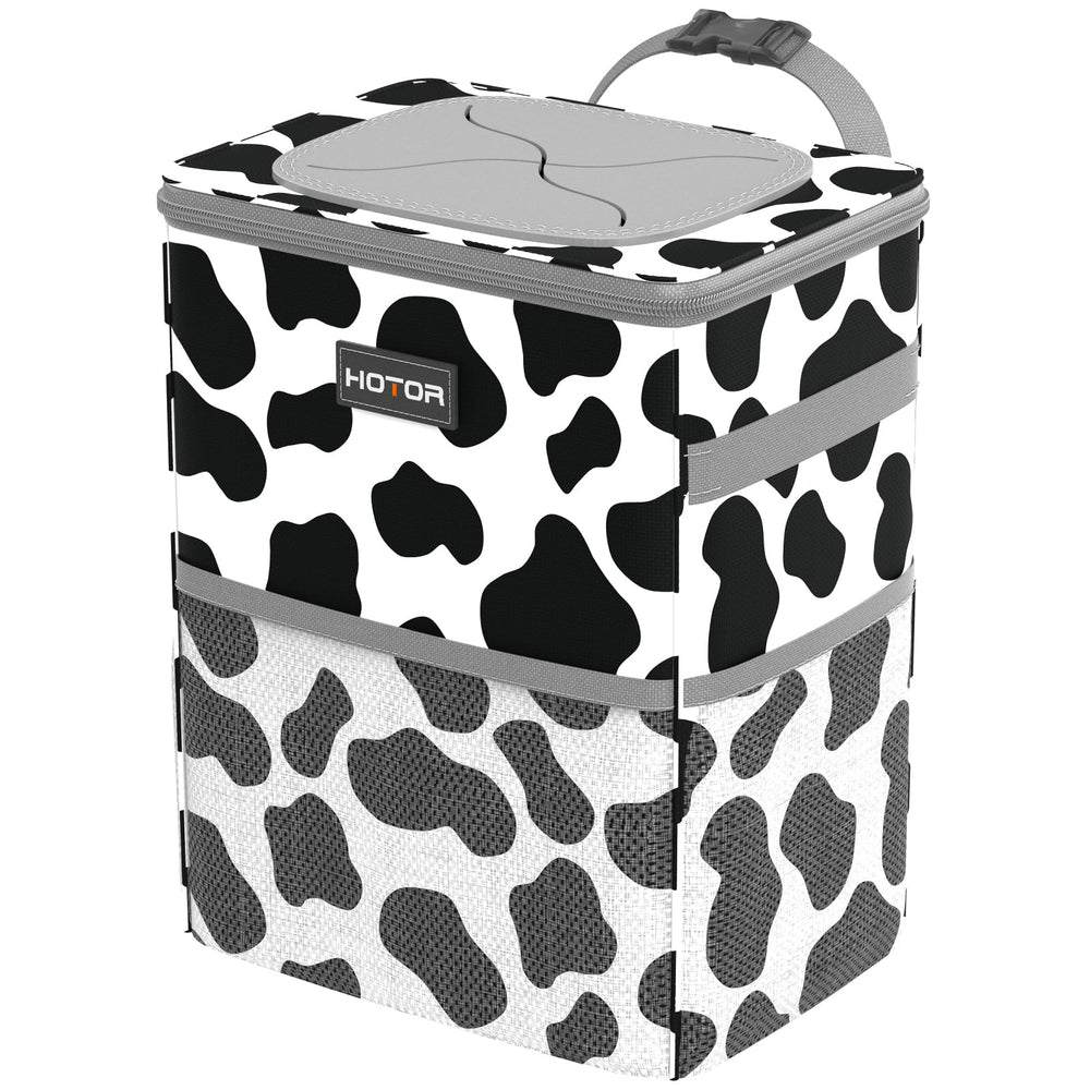 HOTOR cow-pattern car trash can front view showing compact organized placement benefit