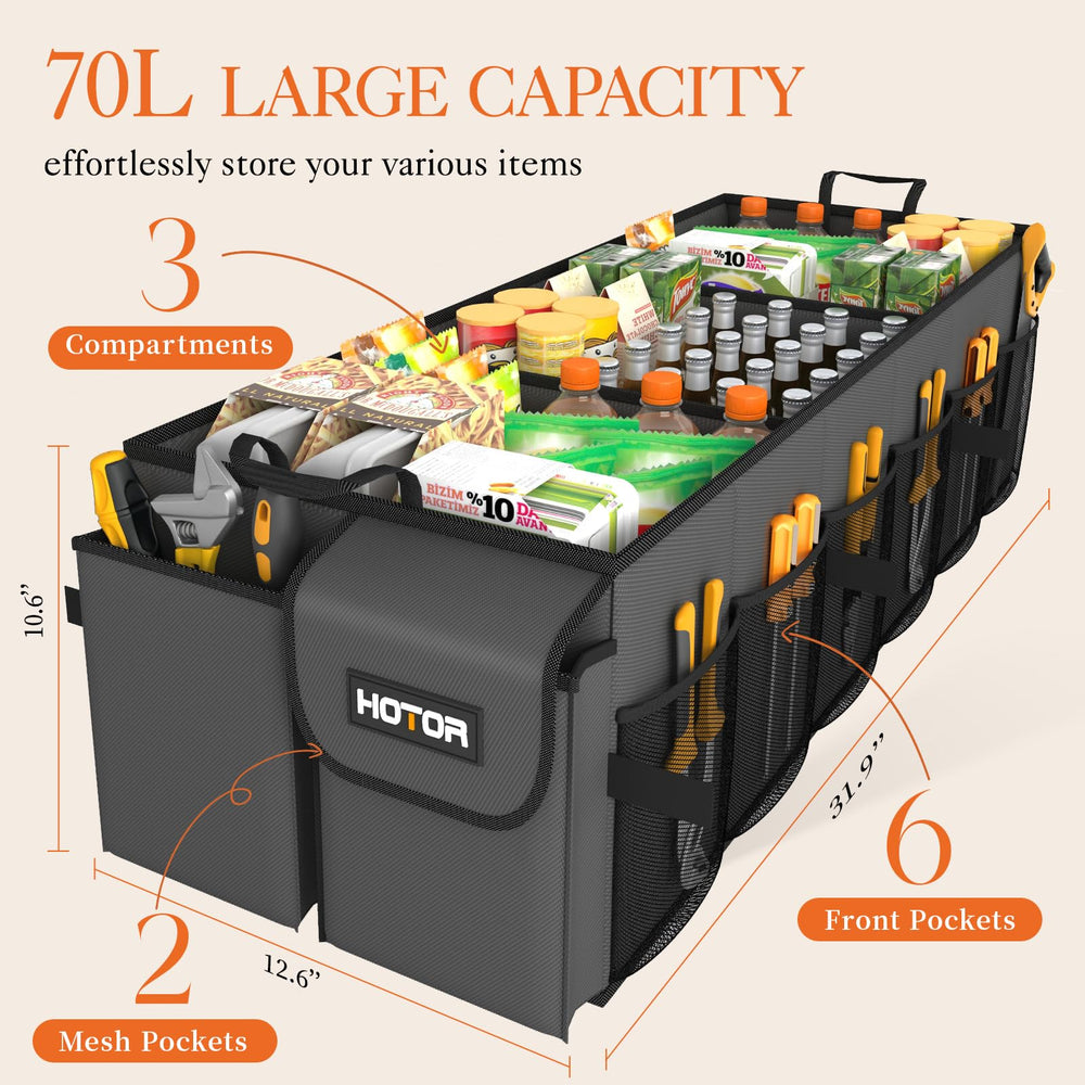 HOTOR trunk organizer open with three compartments and six mesh pockets for sorted storage
