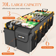 HOTOR trunk organizer open with three compartments and six mesh pockets for sorted storage