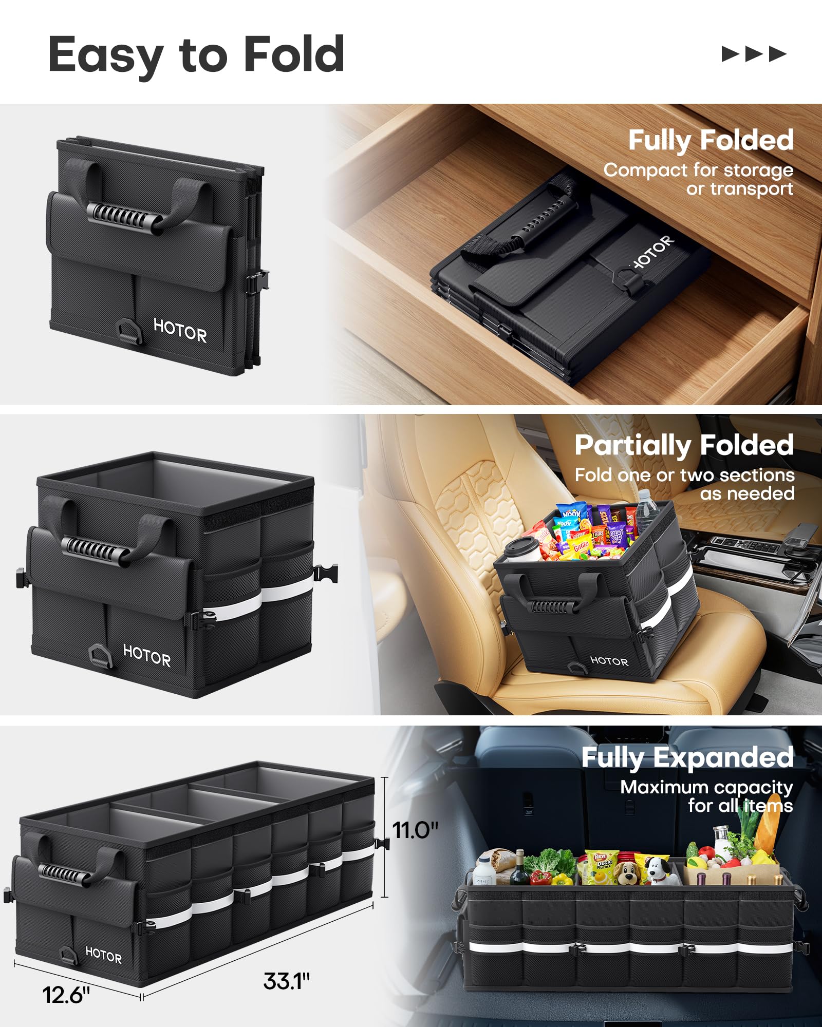 HOTOR folded compact storage illustrating easy stowage and space-saving benefit