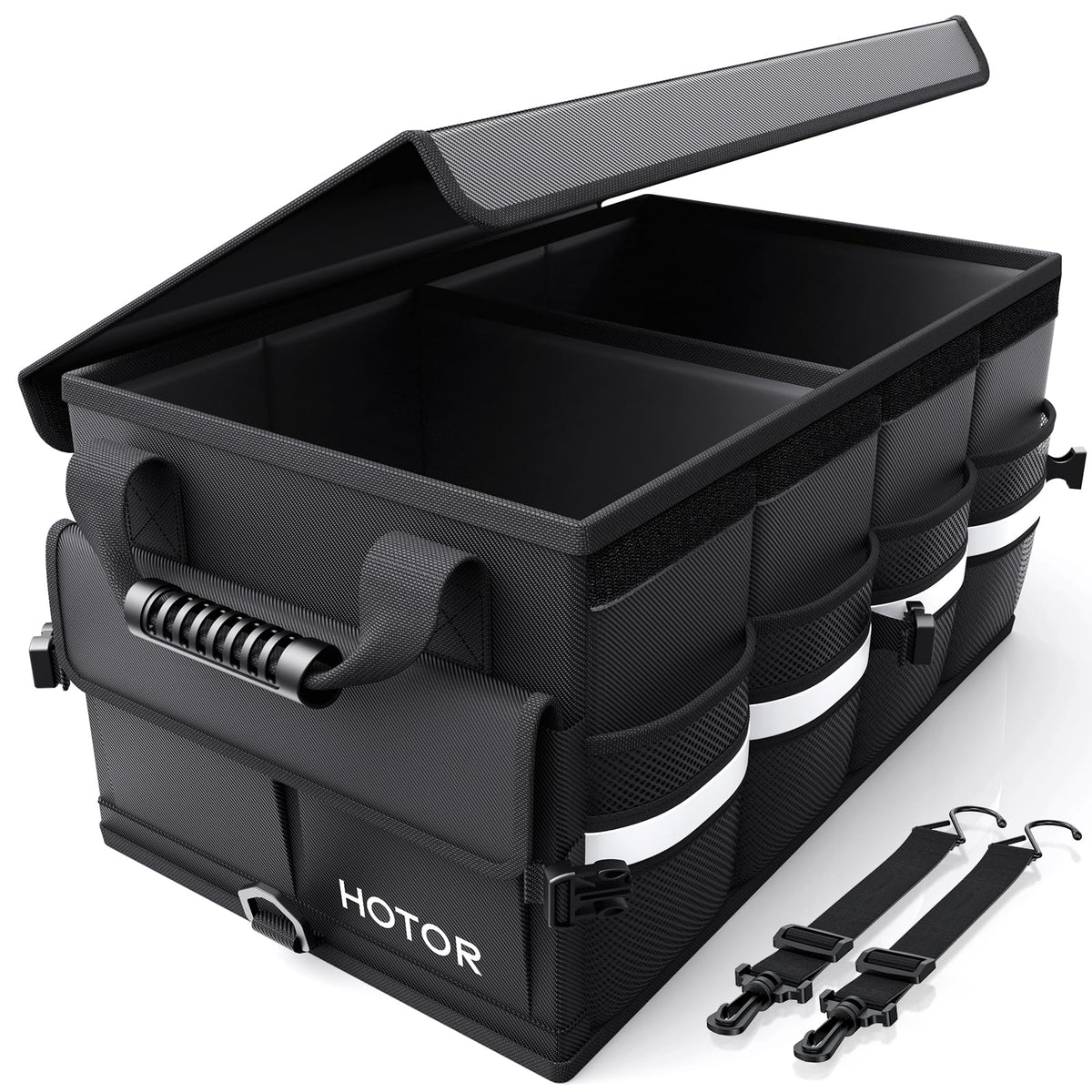 HOTOR front view of trunk organizer showing stable storage and quick loading