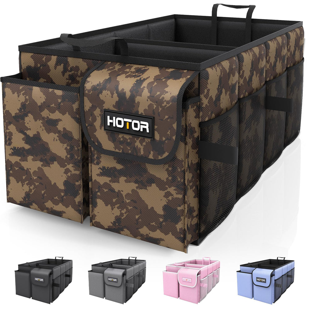 HOTOR trunk organizer front view open with compartments showing easy organization