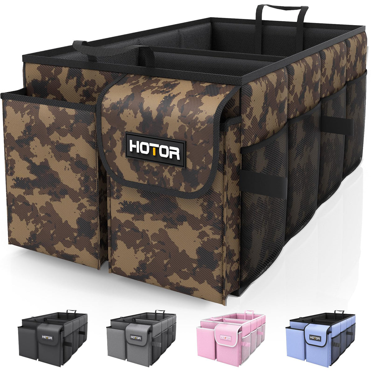 HOTOR trunk organizer front view open with compartments showing easy organization