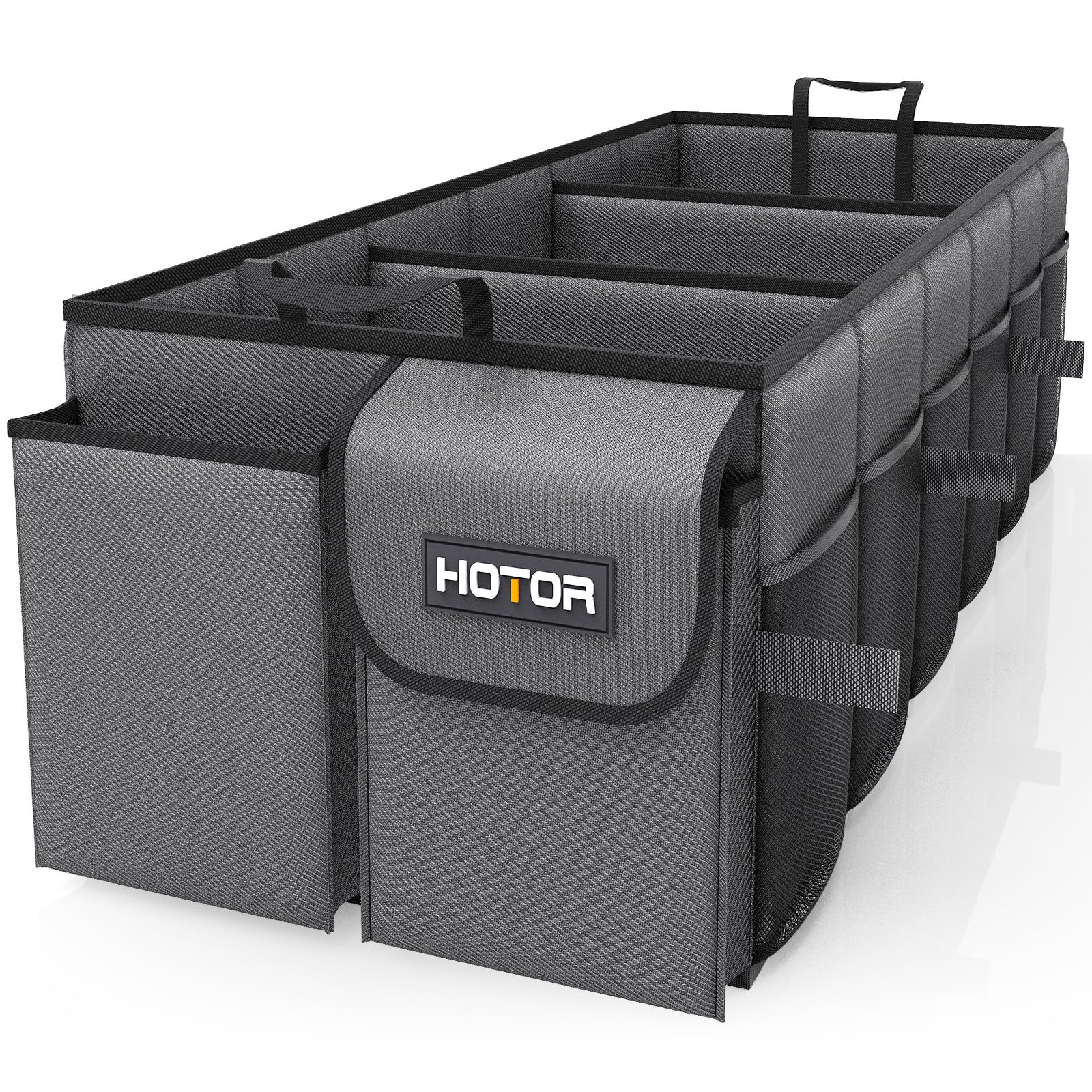 HOTOR trunk organizer front view showing durable fabric and easy carrying handles for tidy trunks