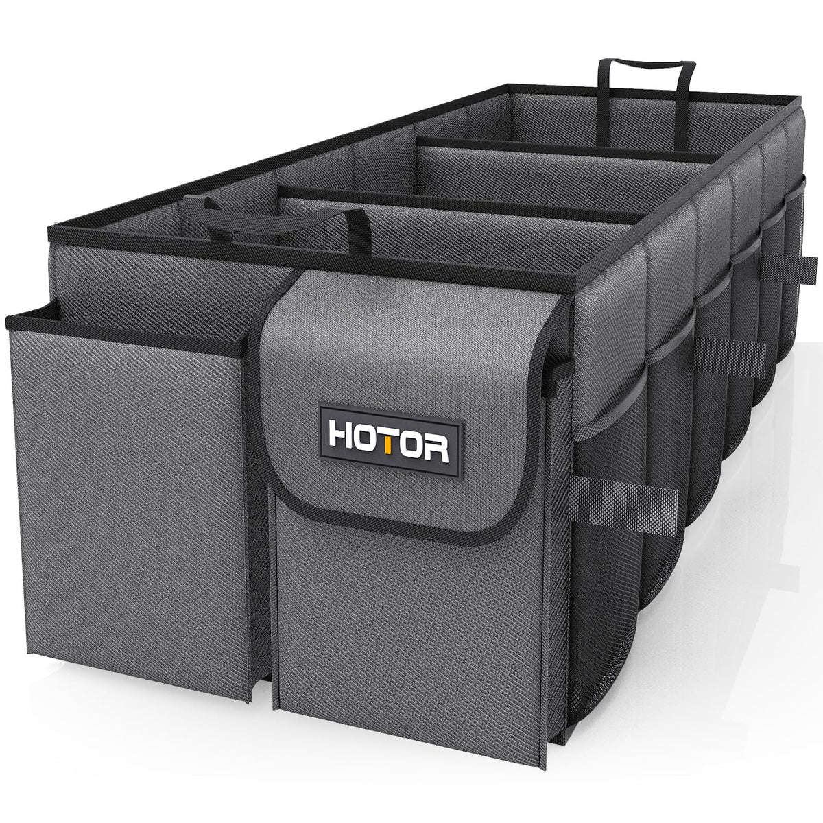 HOTOR trunk organizer front view showing durable fabric and easy carrying handles for tidy trunks