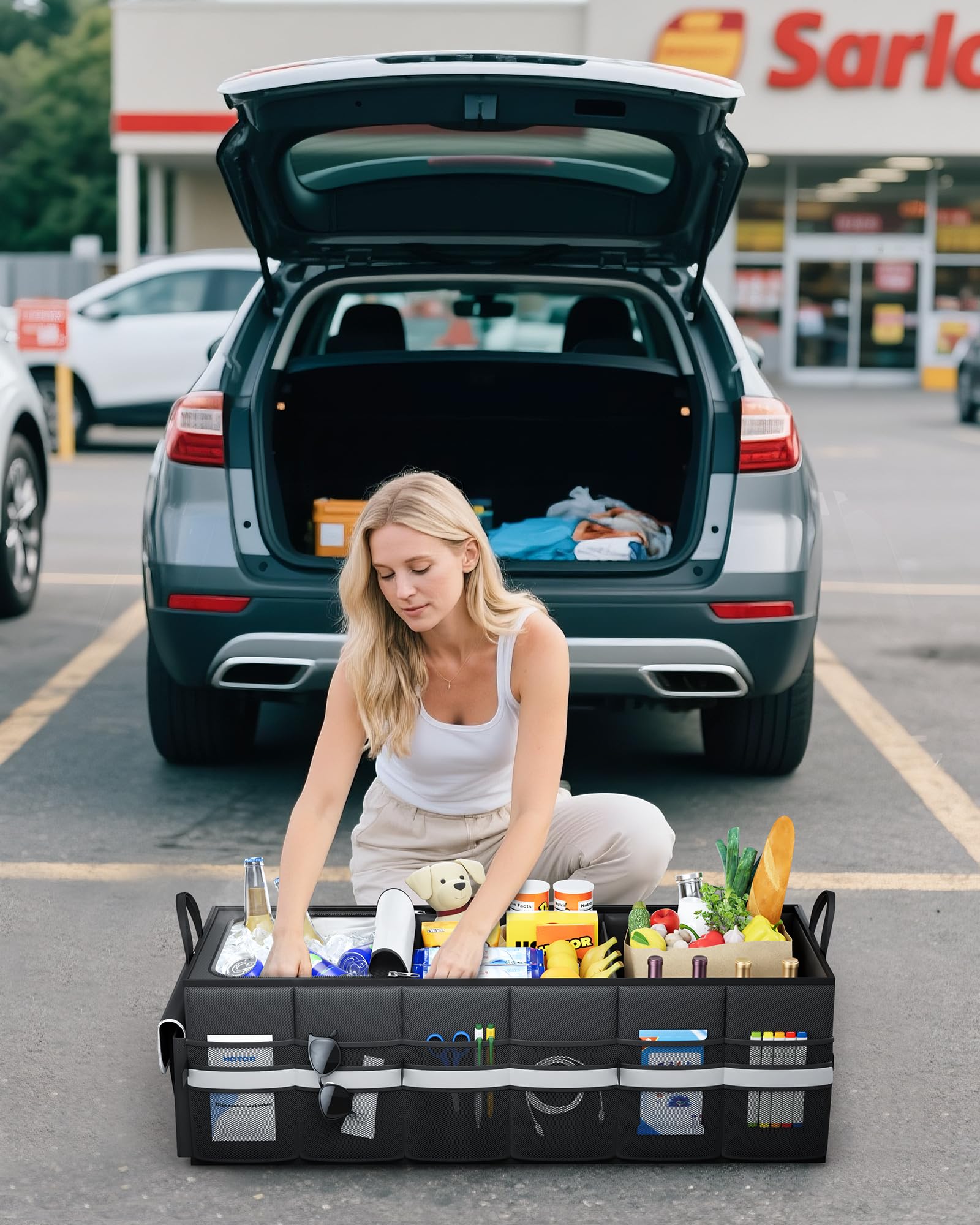 HOTOR placed in SUV trunk illustrating secure cargo organization benefit