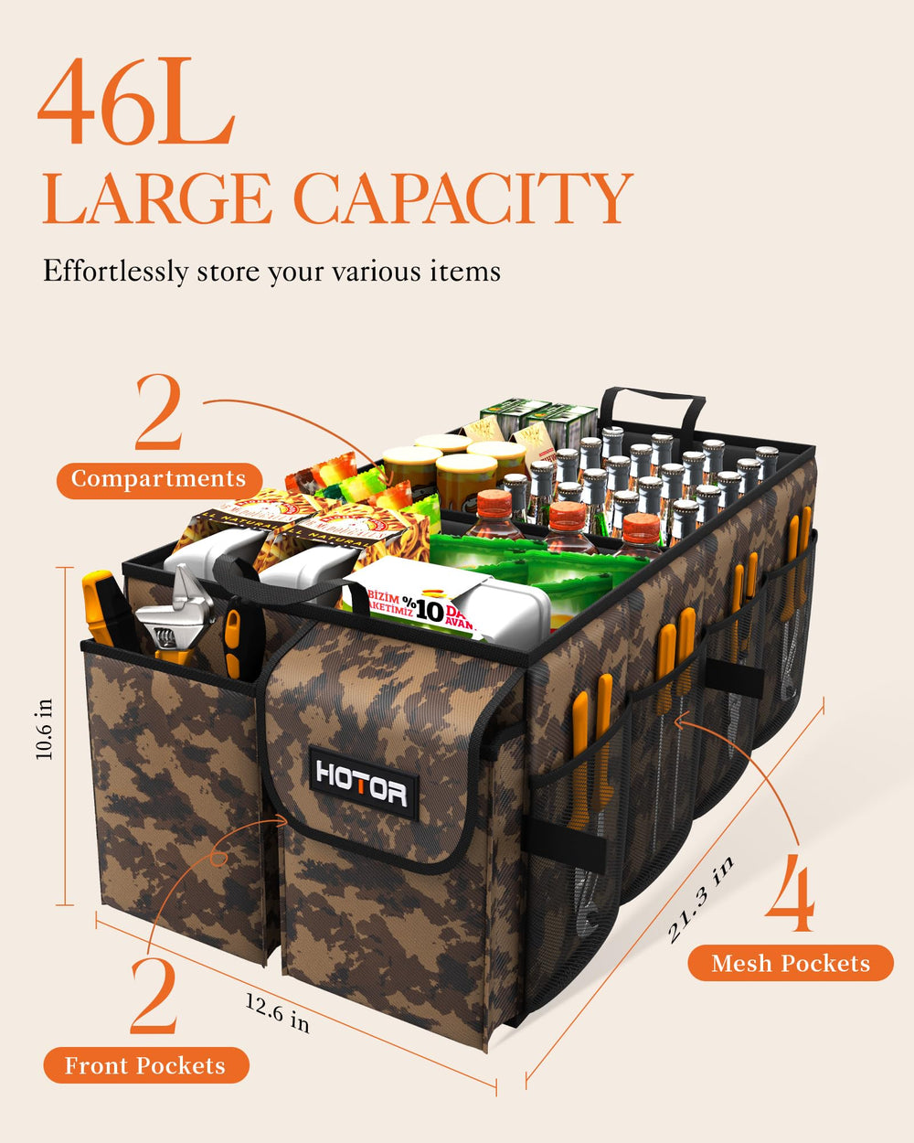 HOTOR trunk organizer loaded with groceries in SUV showing secure storage