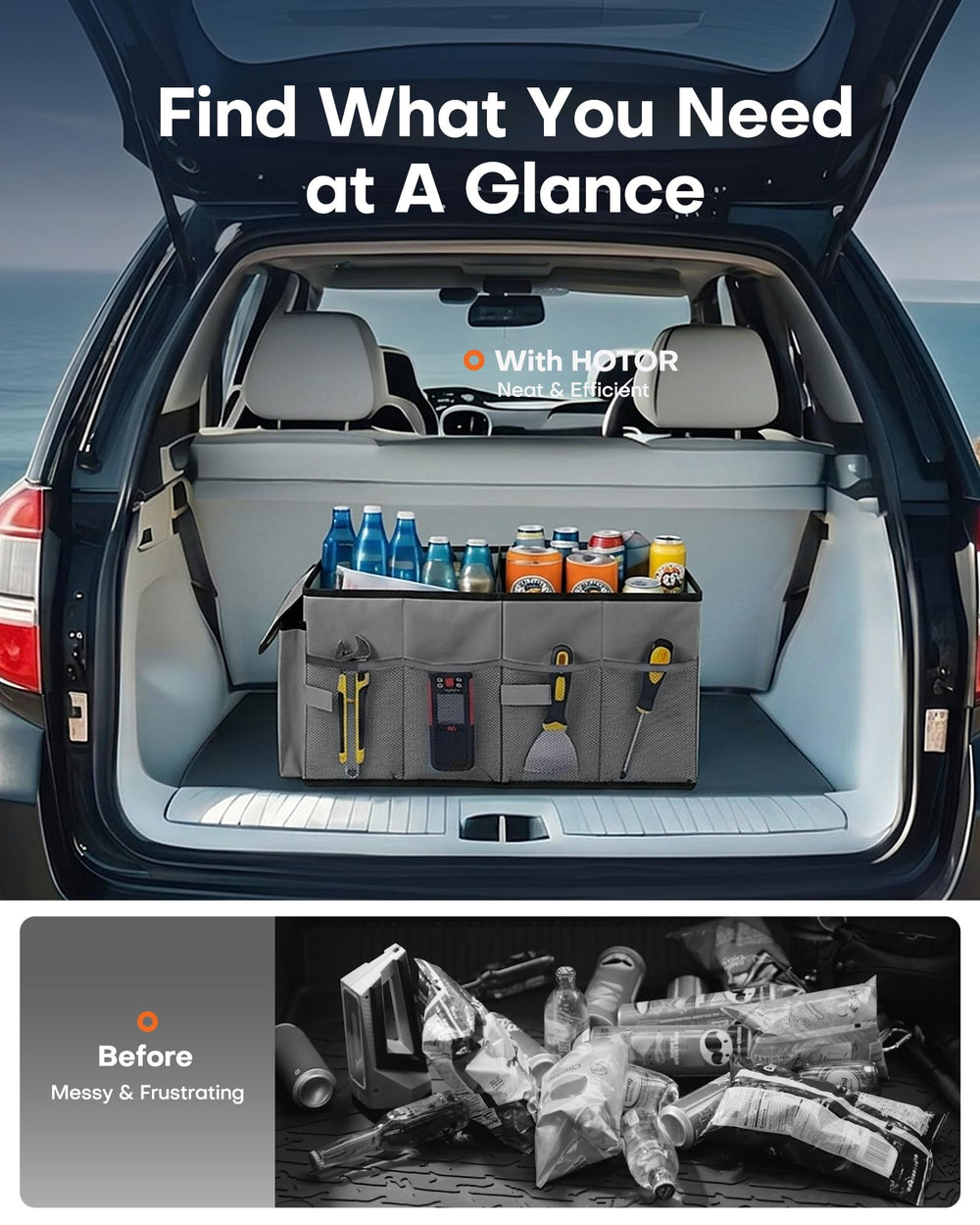 HOTOR organizer loaded with groceries demonstrating spill prevention benefit