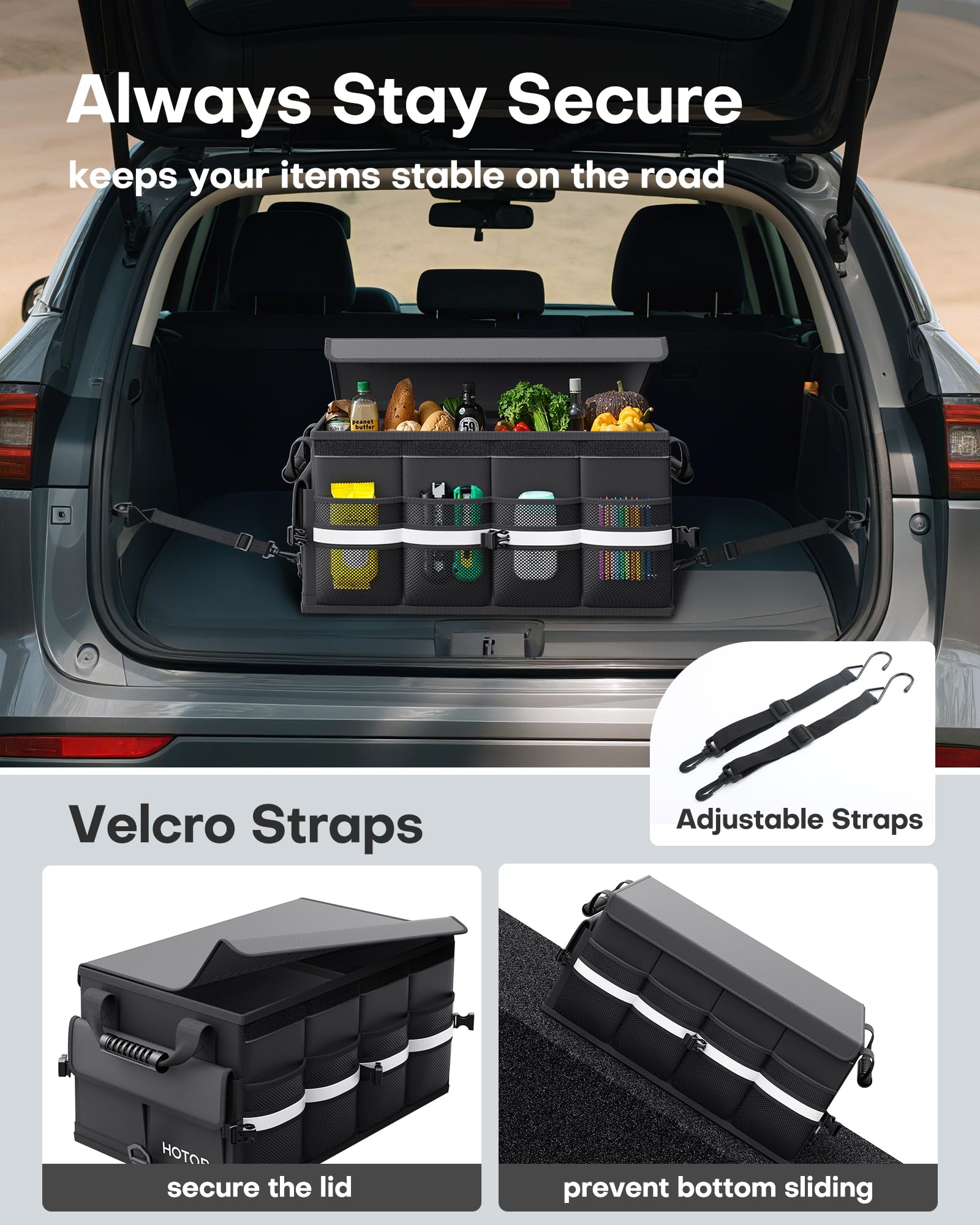 HOTOR non-slip bottom texture keeps trunk organizer secure during drives