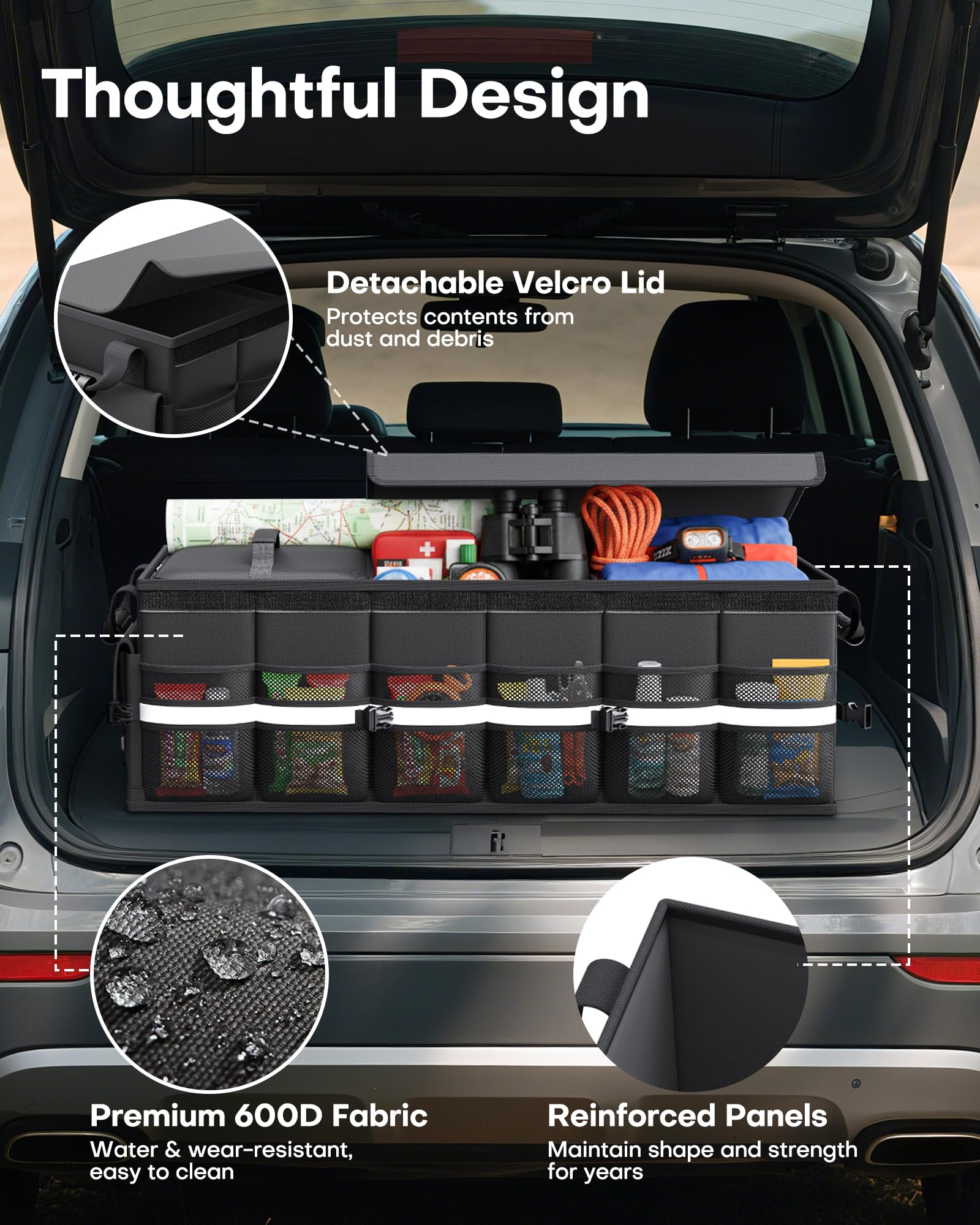 HOTOR organizer placed in SUV trunk showing secure fit and clutter reduction benefit