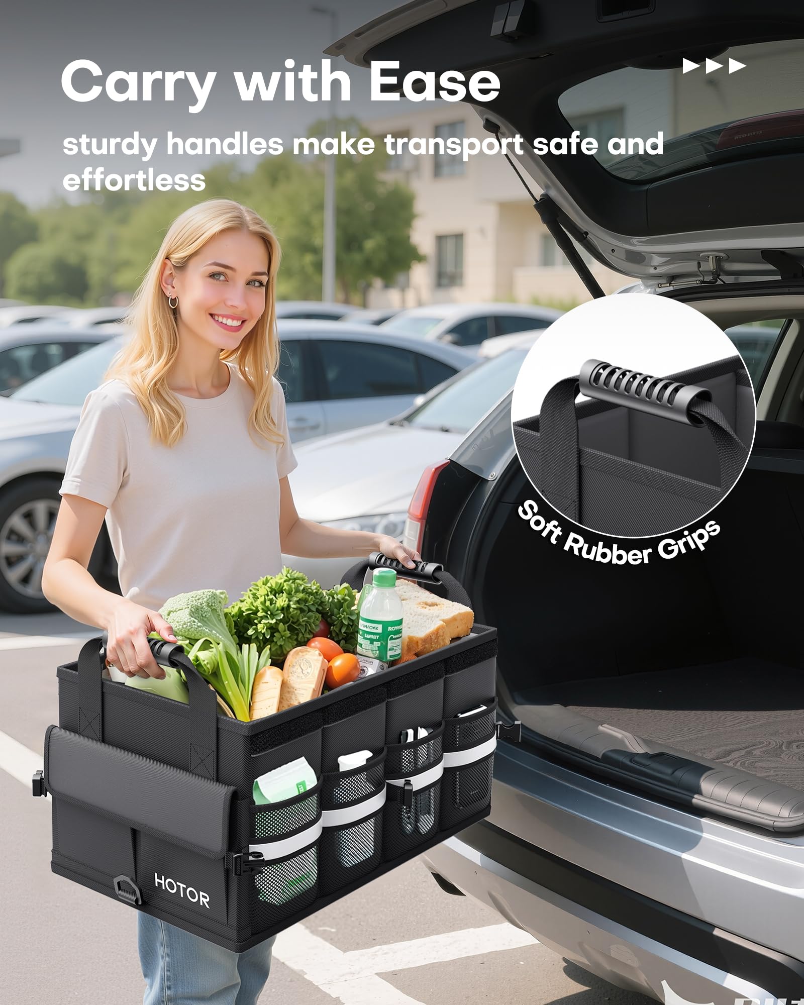HOTOR soft-grip handle shown being lifted for comfortable carrying