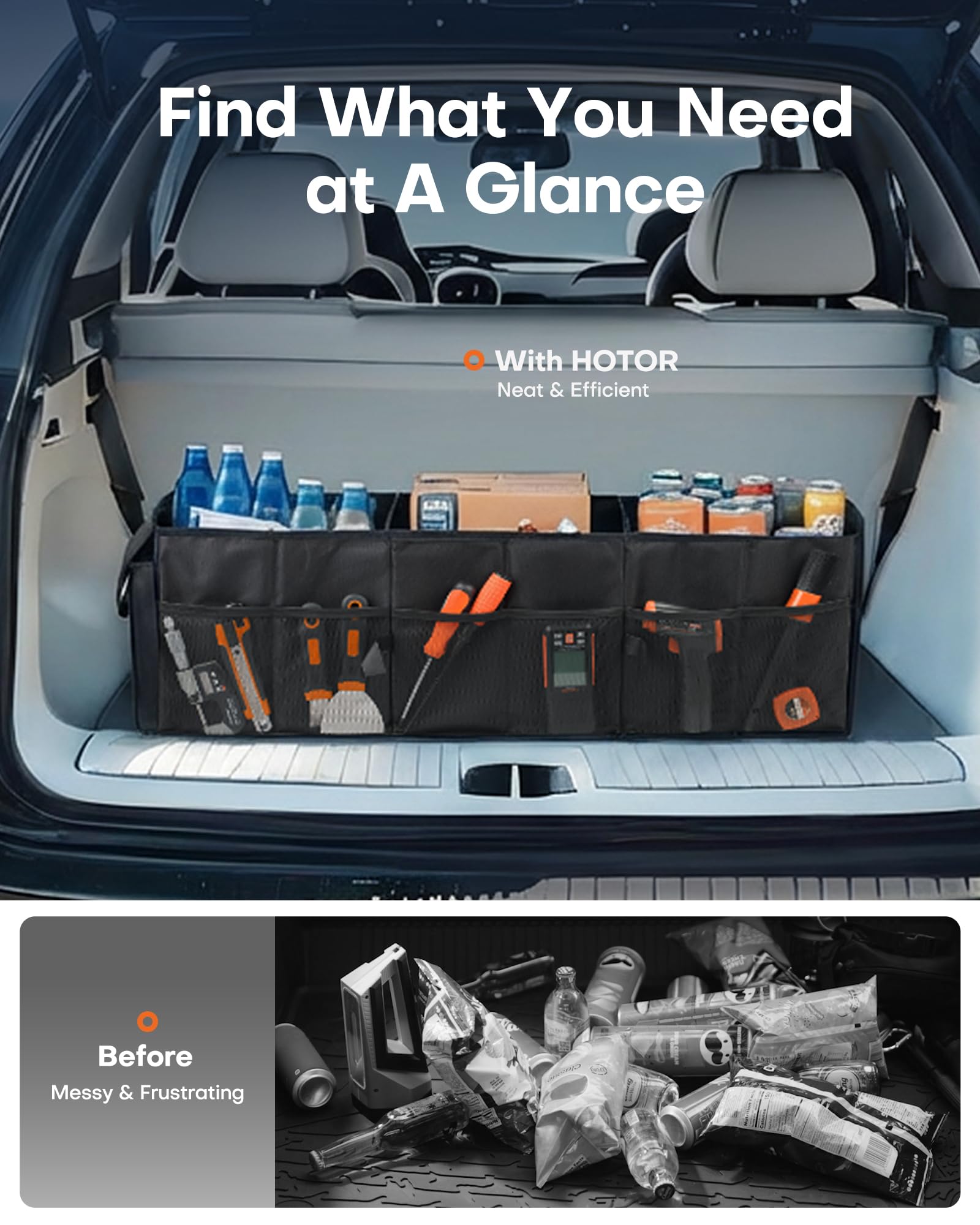 HOTOR installed in car trunk preventing items from shifting while driving benefit