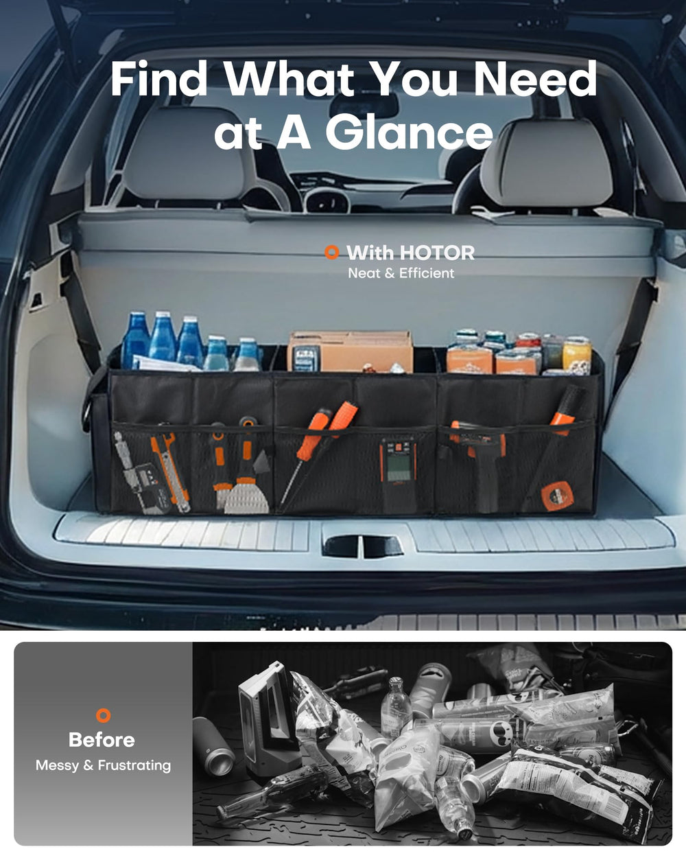 HOTOR installed in car trunk preventing items from shifting while driving benefit