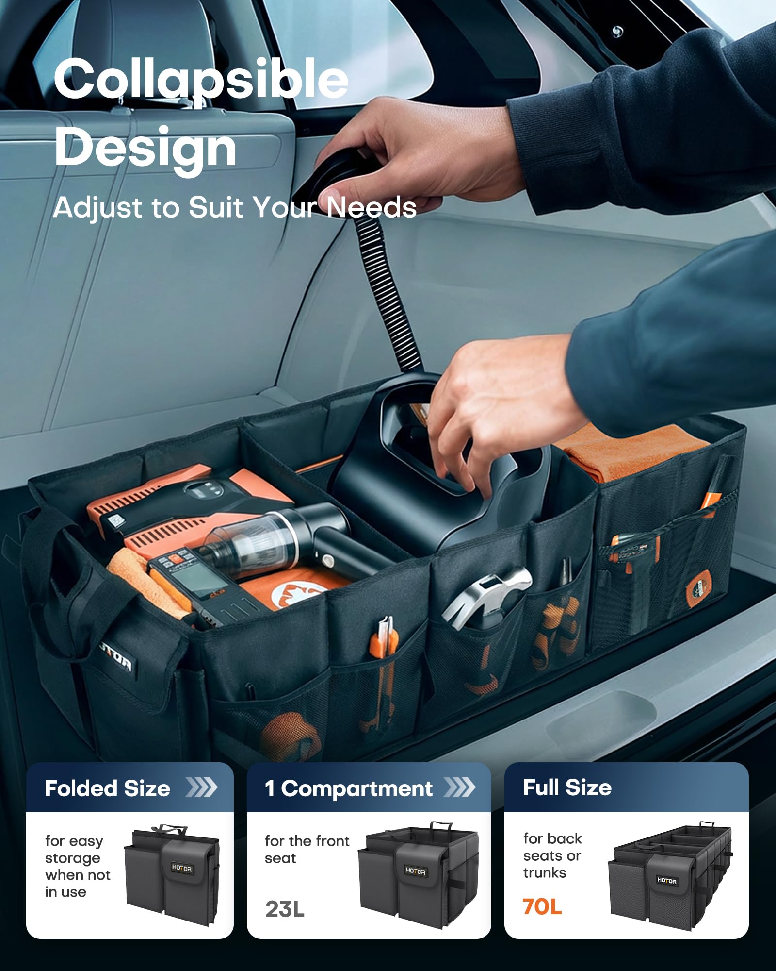 HOTOR folded flat to save trunk space and simplify storage benefit