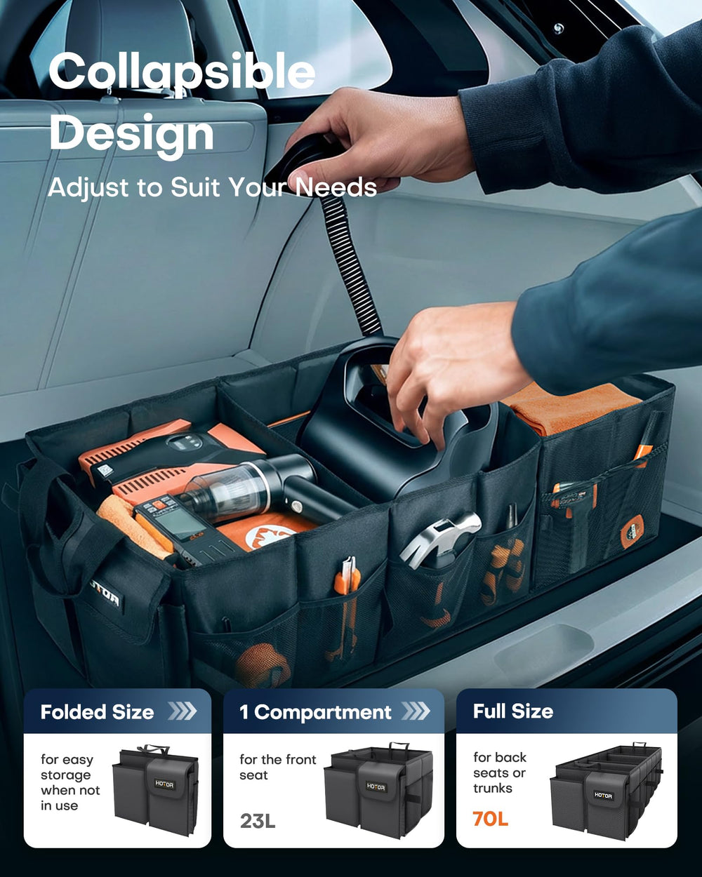 HOTOR folded flat to save trunk space and simplify storage benefit
