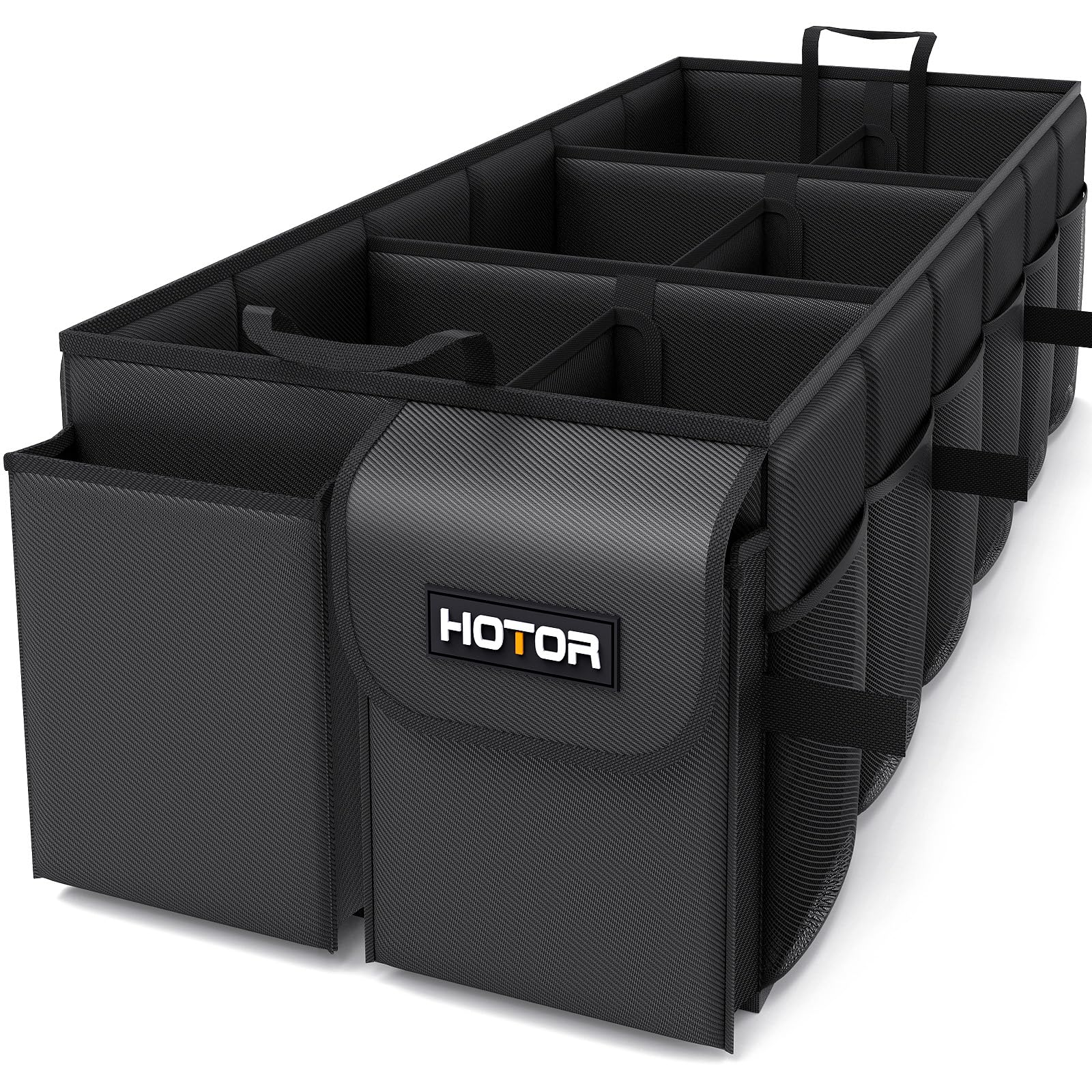 HOTOR trunk organizer front view showing compartments and neat storage benefit