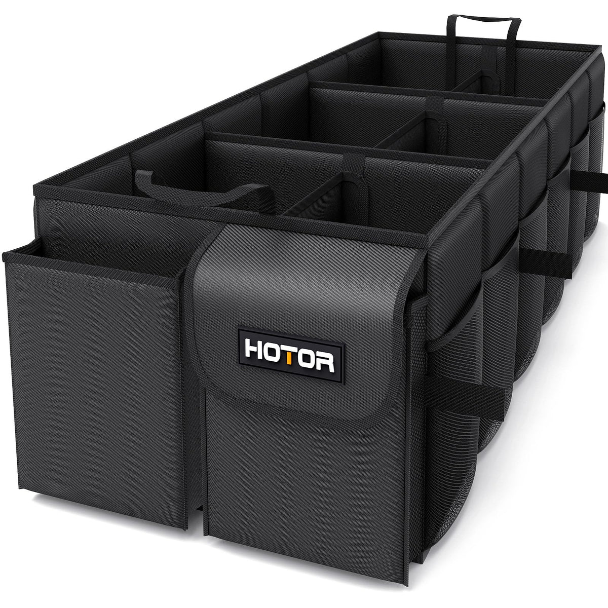 HOTOR trunk organizer front view showing compartments and neat storage benefit
