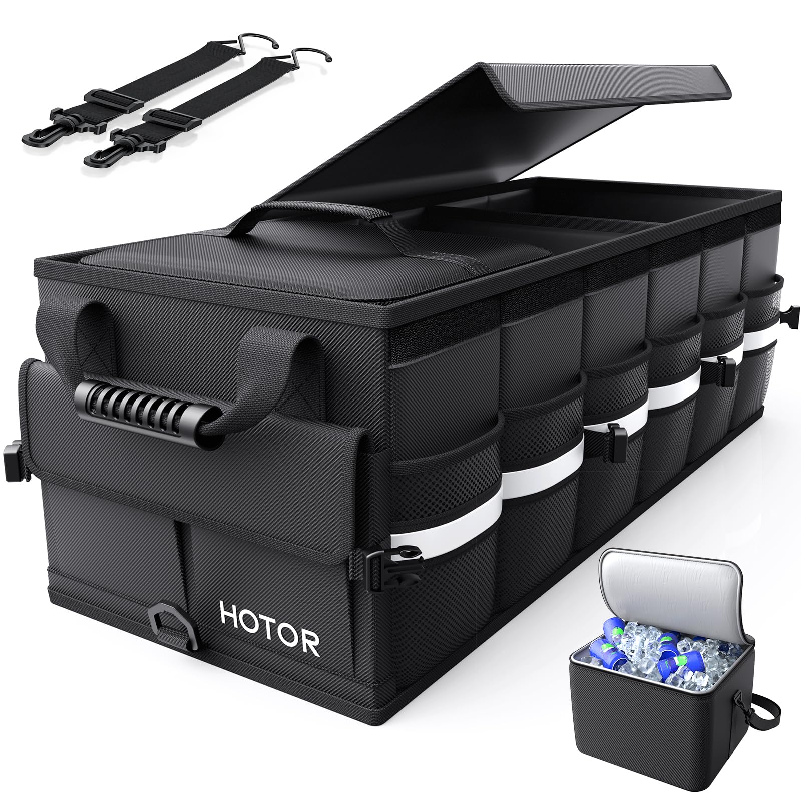 HOTOR trunk organizer front view showing compartments and tidy storage benefit