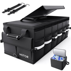 HOTOR trunk organizer front view showing compartments and tidy storage benefit