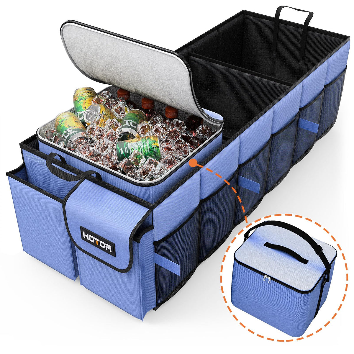 HOTOR trunk organizer front view showing compartments, keeps car tidy