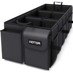 HOTOR trunk organizer front view showing compartments and neat storage benefit