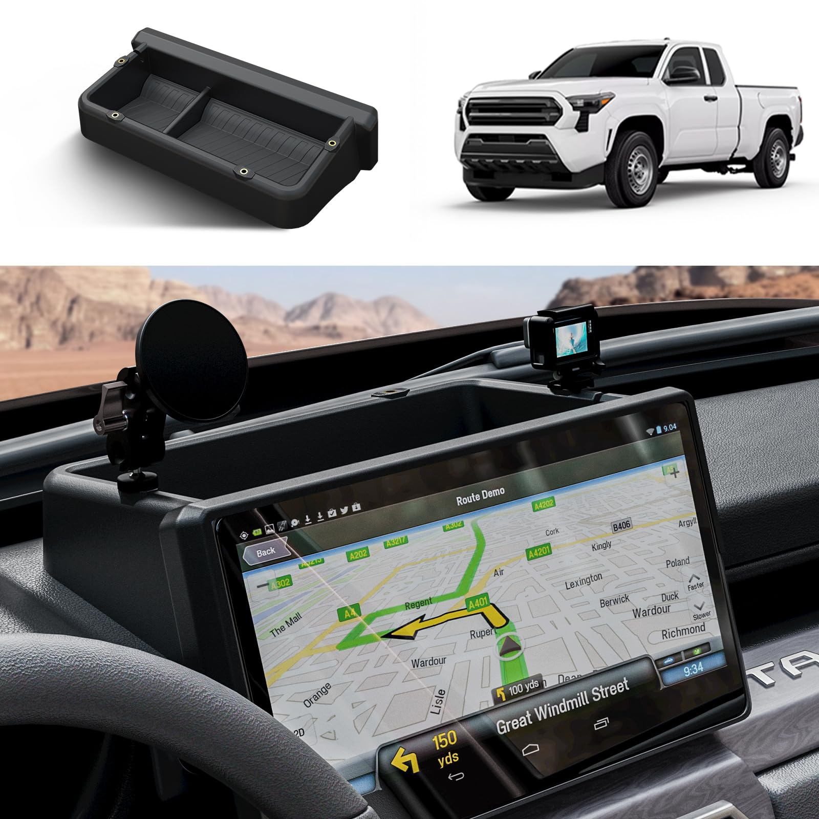 HOUCLEMIC front installed behind Tacoma 14-inch screen for neat storage
