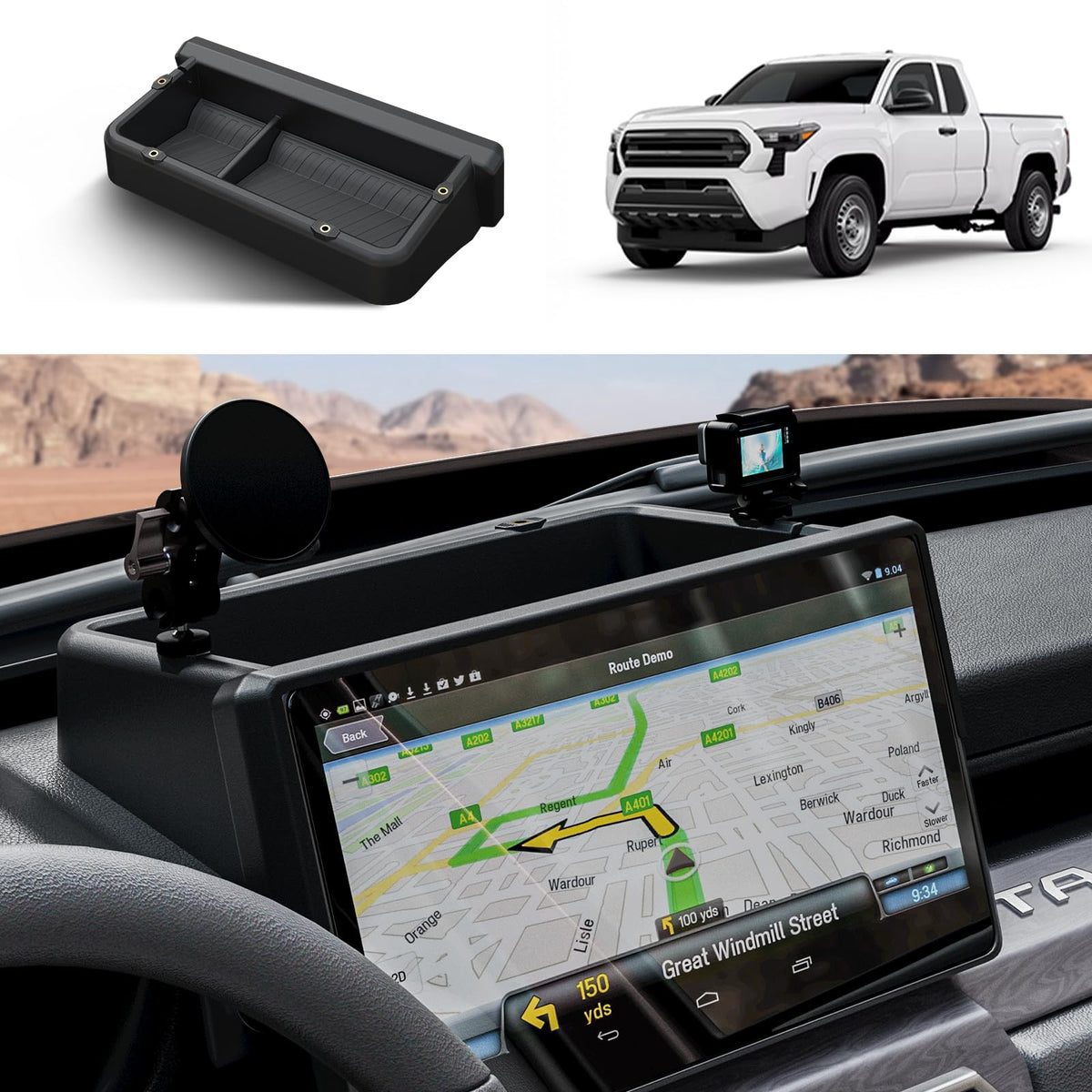 HOUCLEMIC front installed behind Tacoma 14-inch screen for neat storage
