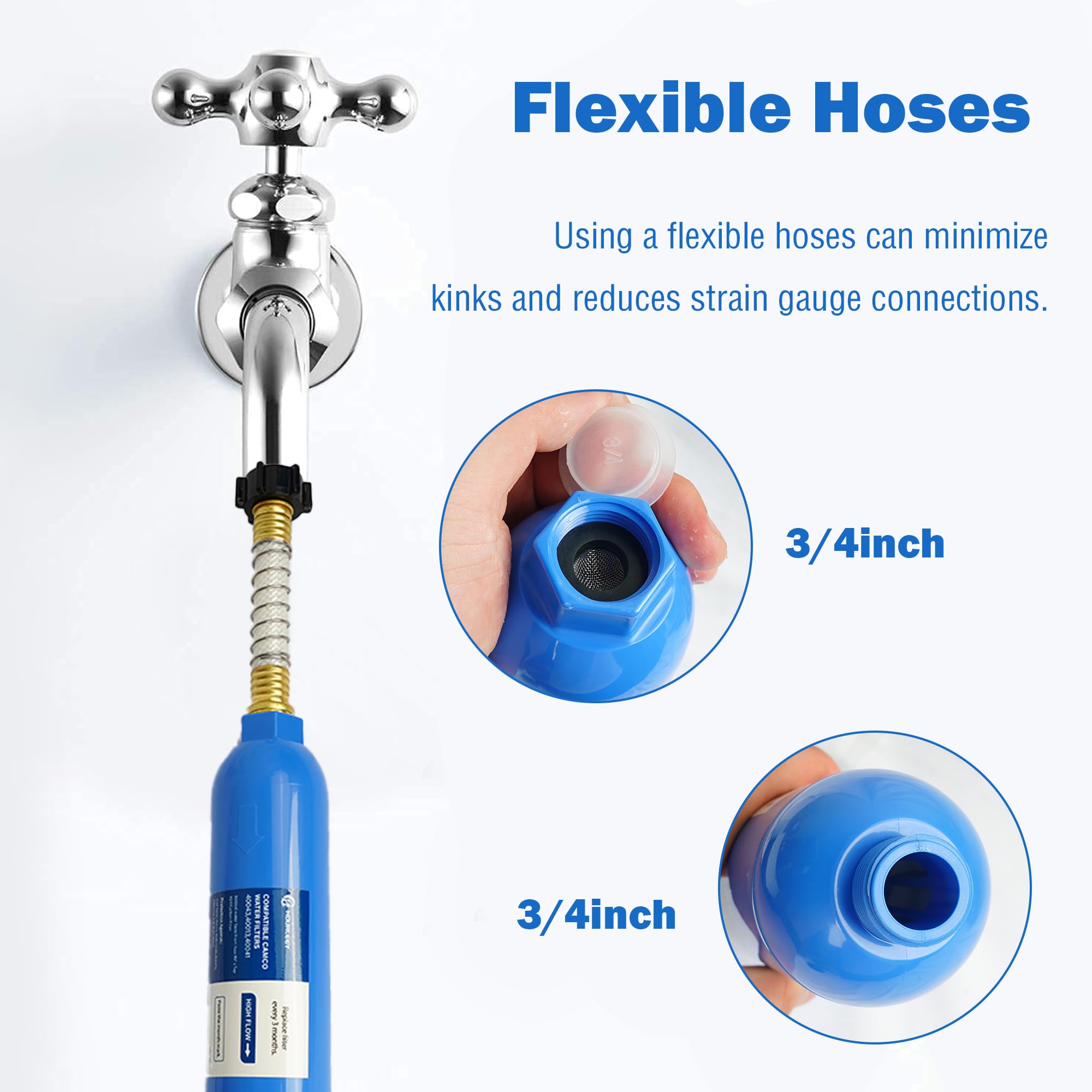 Hourleey flexible hose protector attached to hose, preventing kinks and protecting connections