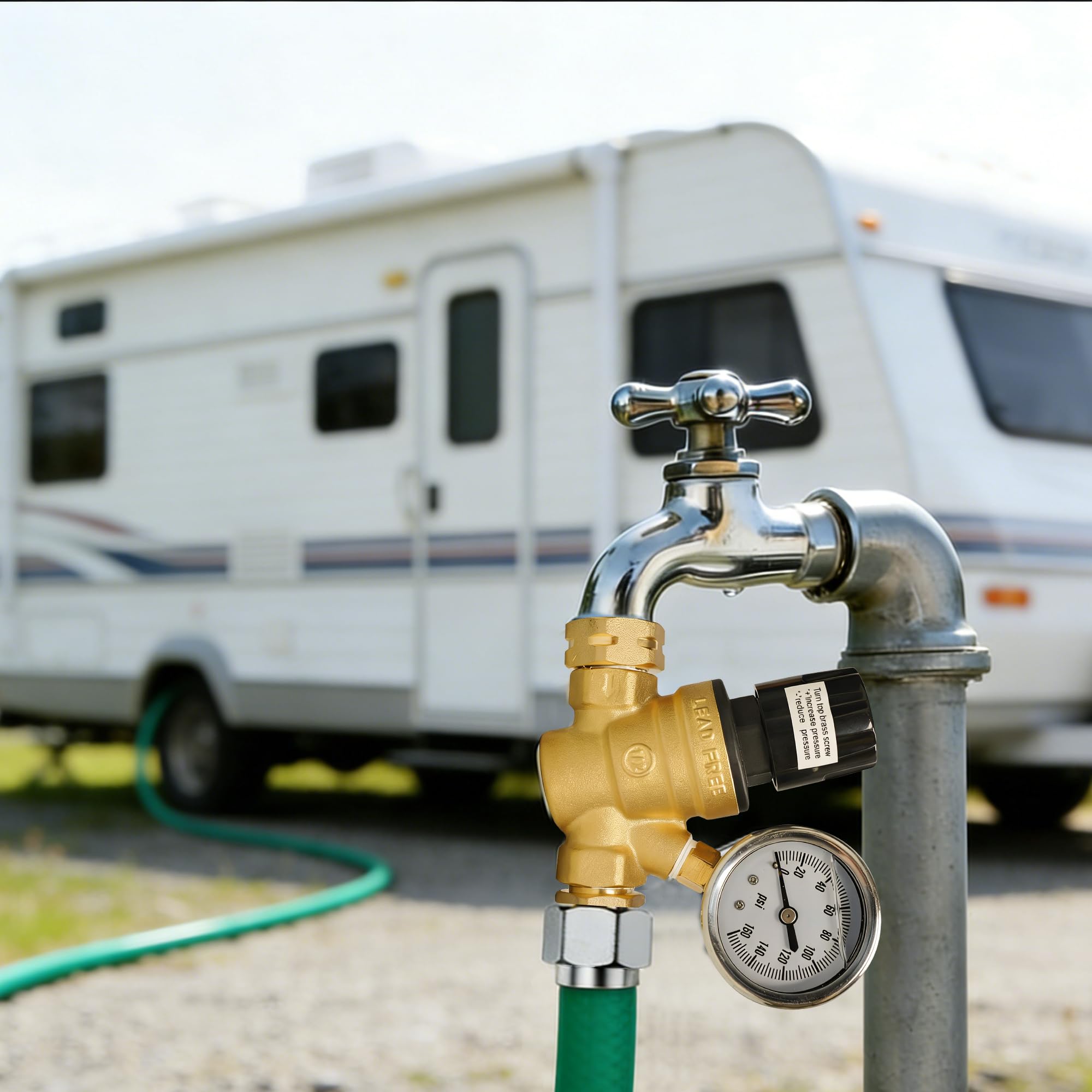 Hourleey installed at RV water hookup demonstrating safer, regulated water flow