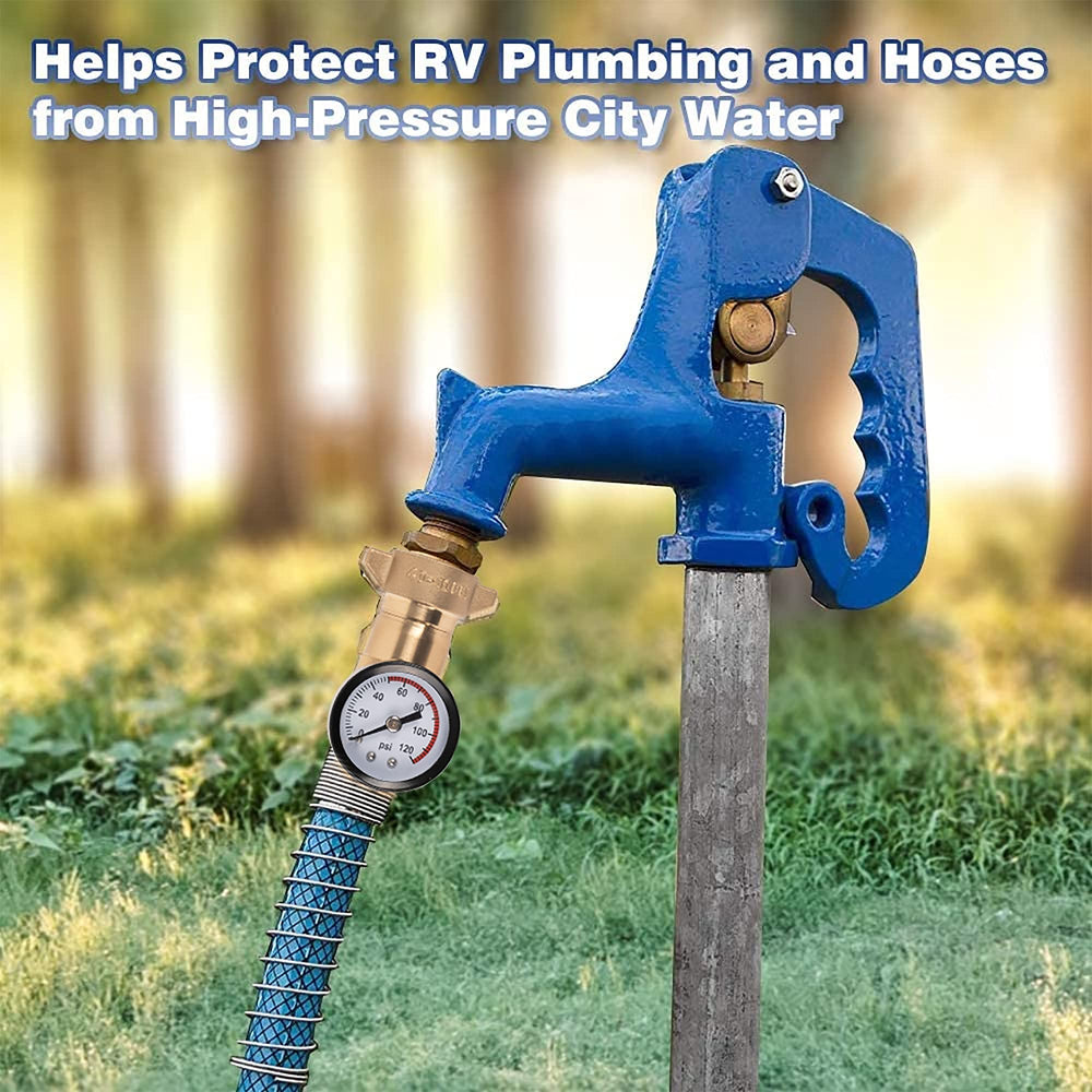 Hourleey regulator installed on RV spigot at pedestal, prevents overpressure damage