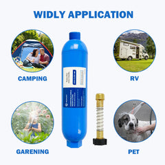 Hourleey inline filter installed at an RV water inlet, delivering better-tasting drinking water