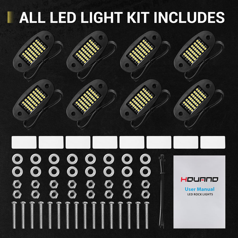 Hovano kit hardware layout showing included screws, tape, ties and easy installation benefit