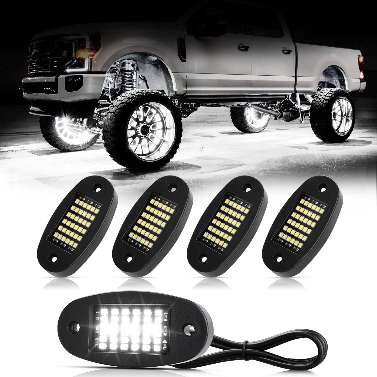 Hovano front view of four white rock light pods showing compact design and bright output