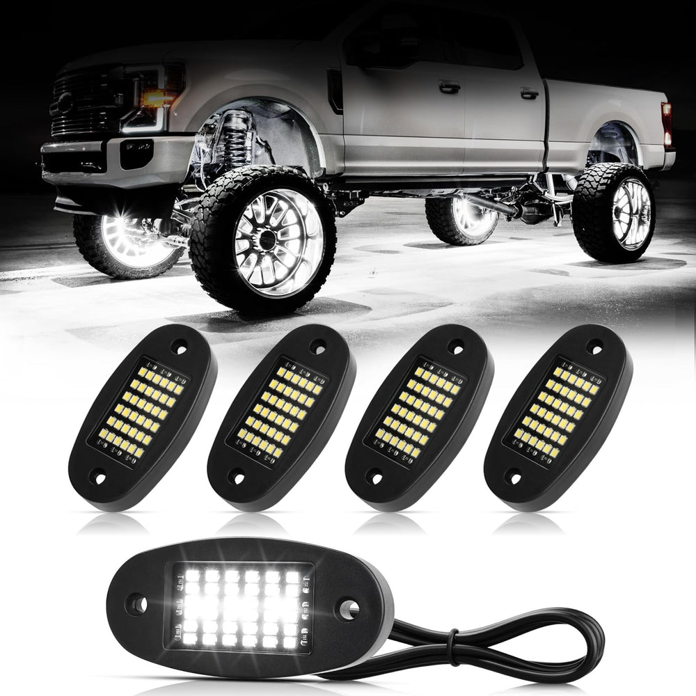 Hovano front view of four white rock light pods showing compact design and bright output
