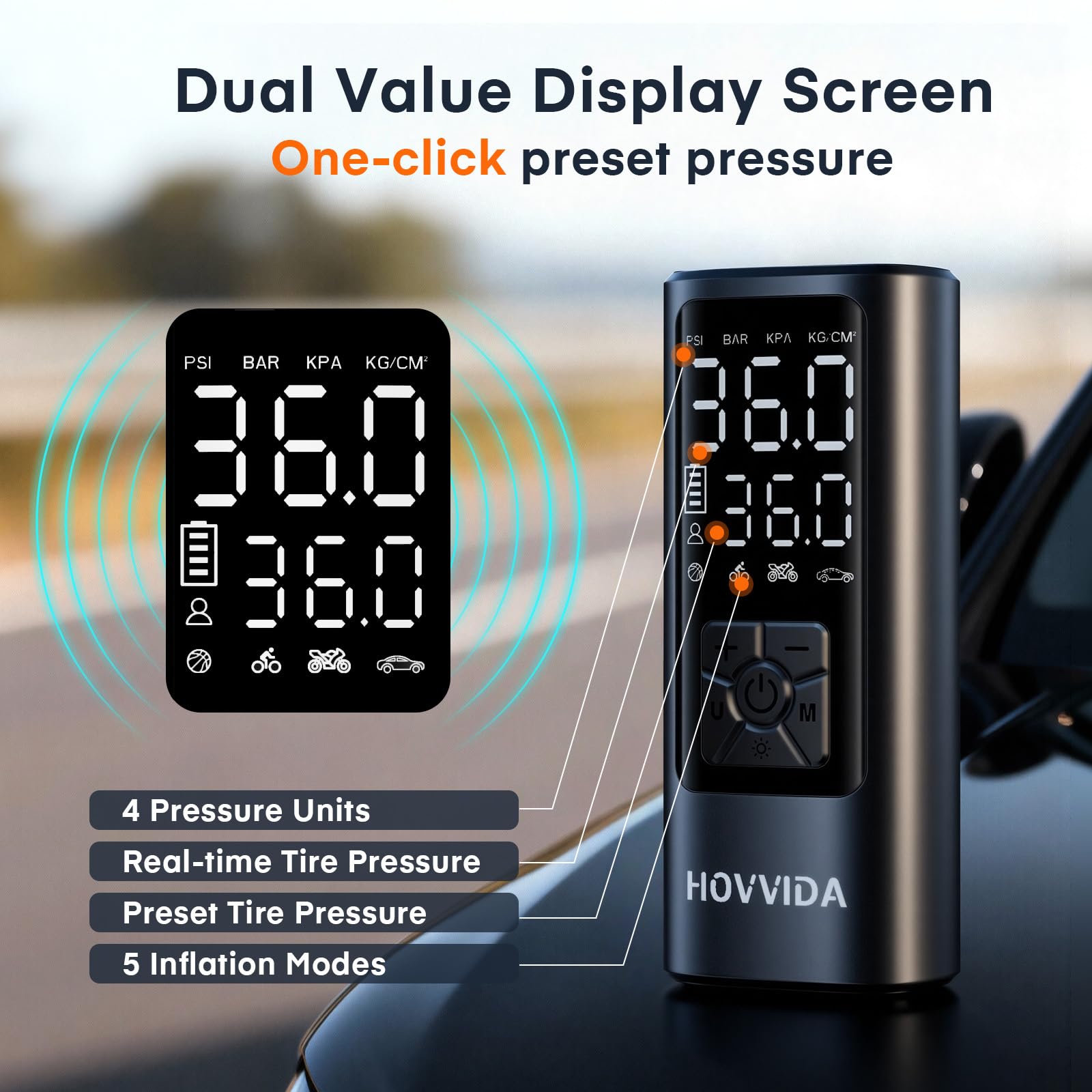 HOVVIDA compact pump inside glove box illustrating easy vehicle storage