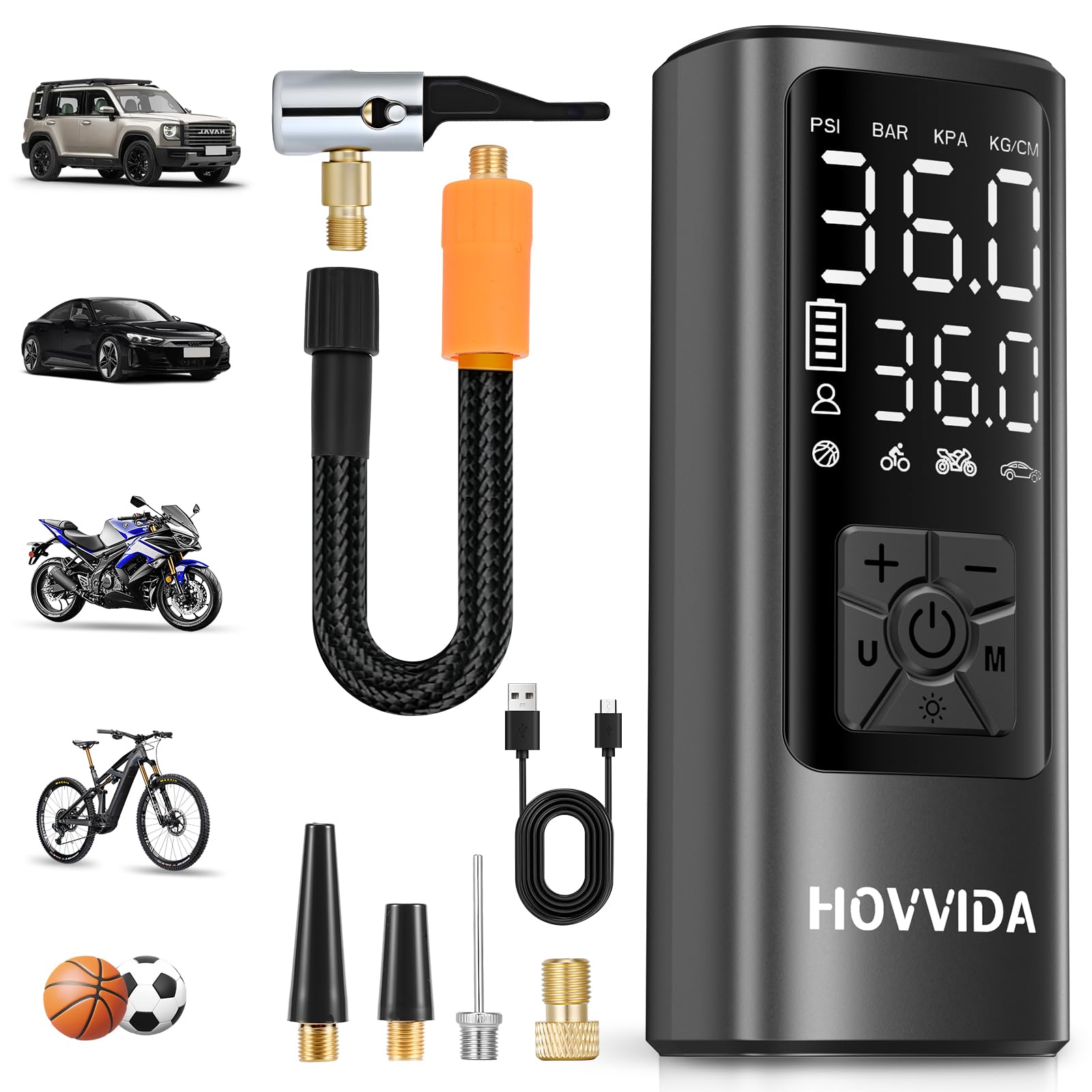 HOVVIDA front view showing compact body and digital gauge for quick inflation