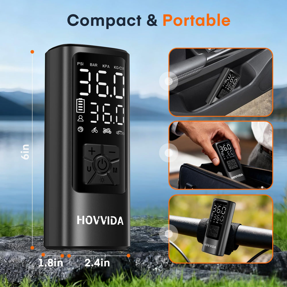 HOVVIDA inflator attached to car tire demonstrating fast roadside inflation