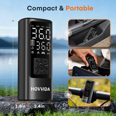 HOVVIDA inflator attached to car tire demonstrating fast roadside inflation